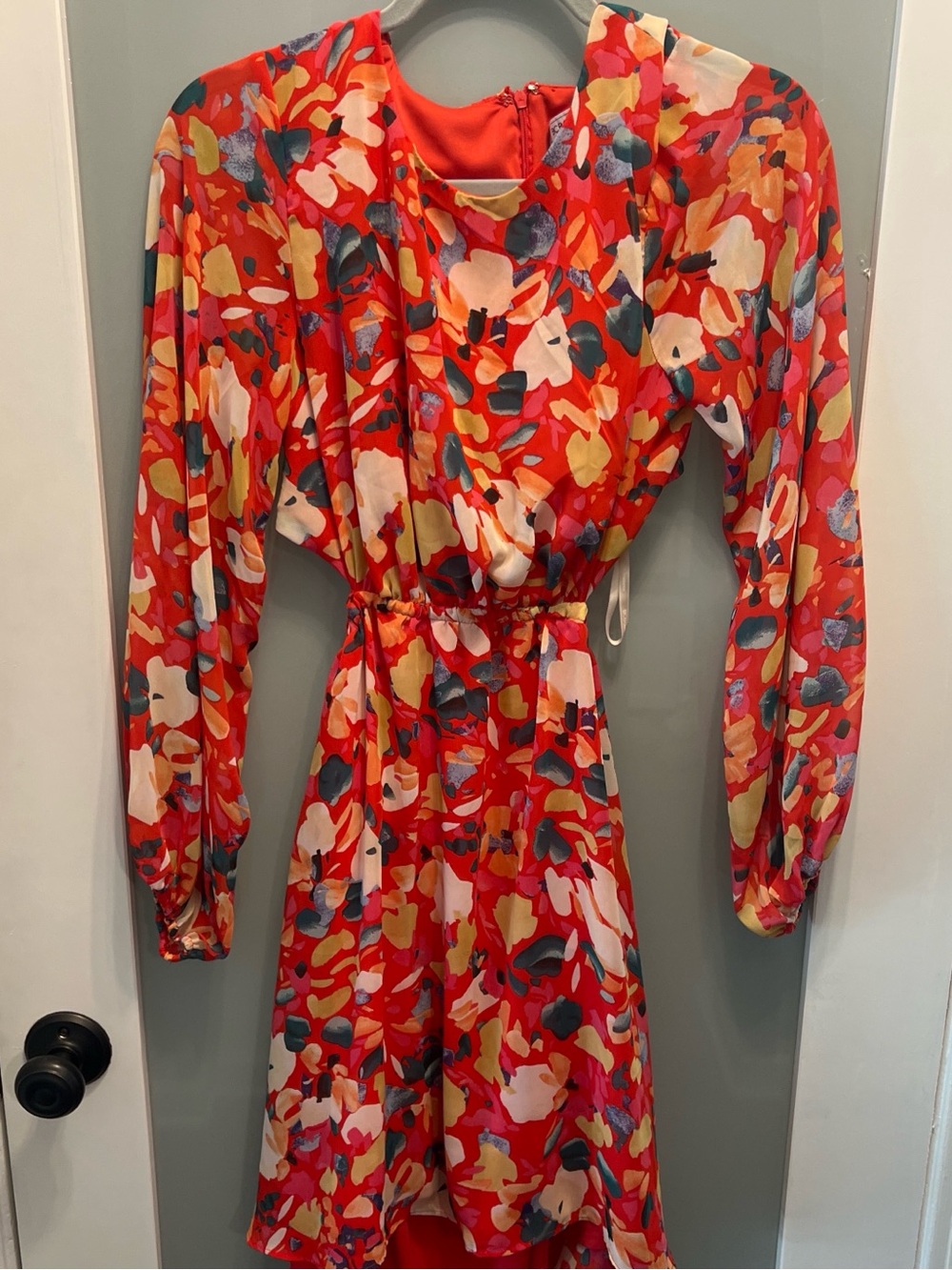 BCBGeneration Red Multicolor Abstract Floral Long-Sleeve Dress